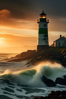 Lighthouse nestled against a vast ocean with waves rhythmically crashed onto the rocky shoreline,