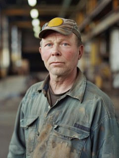 Tired worker in dirty uniform and hardhat in an industrial environment, AI generated
