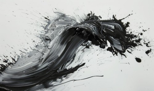 A brush glides across a white canvas. Black, gray and white dramatic strokes. Abstract background