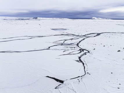 Overgrown river landscape, onset of winter, Fjallabak Nature Reserve, drone shot, Sudurland,