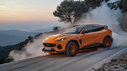 A vibrant orange suv sporty car expensive speeds down a mountain road with dust behind it, AI