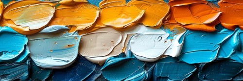 Layered oil paint in shades of orange, beige, and blue creating an abstract texture, banner 3:1