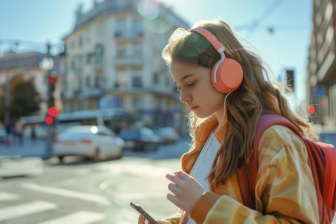 Schoolgirl with headphones looking at her smartphone on a busy street in a city, symbolic image for