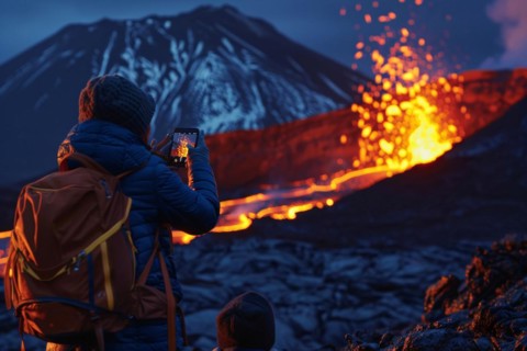 Tourists, onlookers photograph a spectacular volcanic landscape with liquid, partially cooled lava