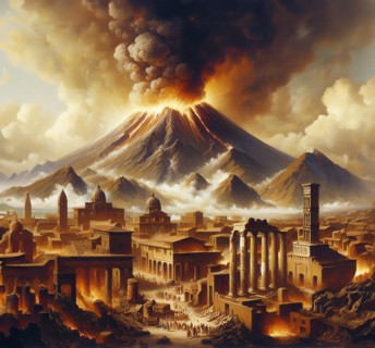 Pompeii during the eruption of the volcano Vesuvius in 79 AD, lava pours into the ancient city, AI