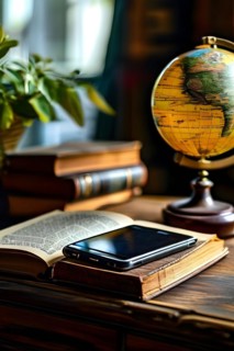 Mobile phone resting on a wooden desk screen with antique book and globus, AI generated