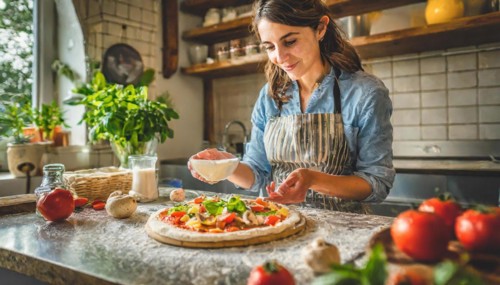 Artisan pizza chef preparing a pizza, ingredients, kitchen, AI generated, AI generated