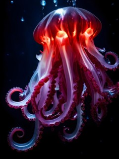Vampire squid with bioluminescent filaments, AI generated, deep sea, fish, squid, bioluminescent,