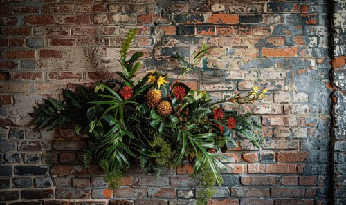Colorful flowers arranged against an old brick wall, bringing life to the scene AI generated
