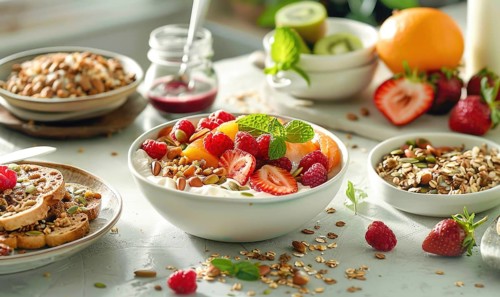 Yogurt bowl topped with fresh fruits, granola, and a sprig of mint AI generated
