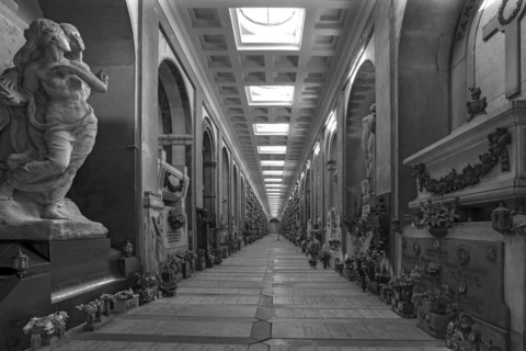 Covered tombs at the Monumental Cemetery, Cimitero monumentale di Staglieno), Genoa, Italy, Europe
