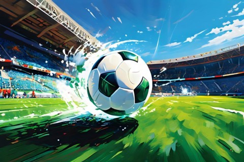 Abstract digital render of asoccer ball on green gras morphing into fluid shapes, AI generated