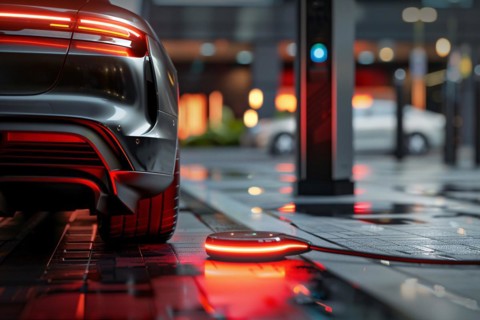 Rear of a car with glowing red lights parked on a reflective wet urban street at night, AI