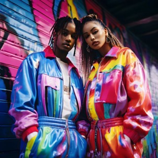 90s fashion collection including overall neon windbreakers tie dye shirts arrayed against a vibrant