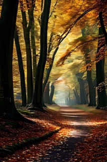 Fallen leaves blanketing a serpentine path as it meanders into an enigmatic forest, AI generated