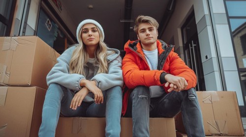 A young caucasian frustrated couple sitting among moving boxes, symbolizing relocation or move to a