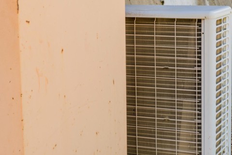 Closeup of air conditioner condenser unit behind a pinkish colored wall in South Korea