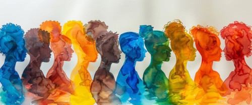 A watercolor gradient of multiple silhouettes from blue to red representing diversity, banner 3:1