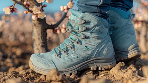 Blue hiking boots standing among blooming flowers, reflecting solitude and the tranquility of