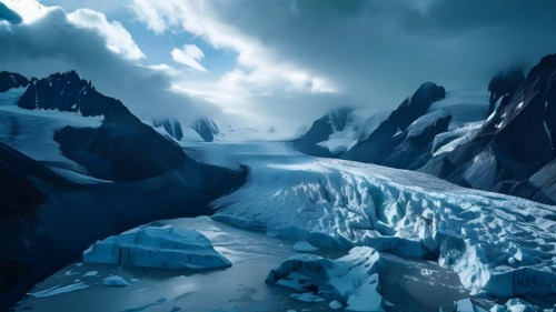 Glacier fractures embracing the deep crevasses indicative of rapid melting under a subdued sky, AI