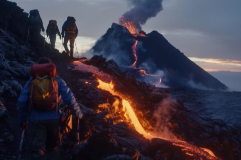 Tourists, hiking group, expedition, onlookers on the way to an active volcano, surrounded by hot,
