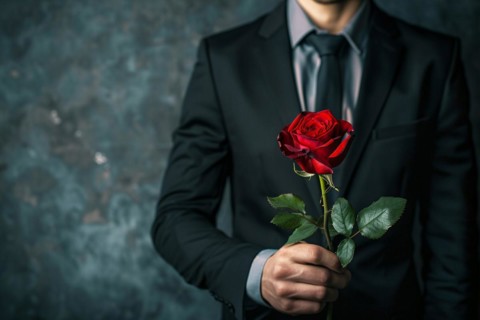 Man in elegant black suit holding romantic single red rose in front of dark studio background. KI