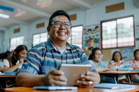 A middle-aged man sits with a digital tablet in a course room, training room, symbol image, digital