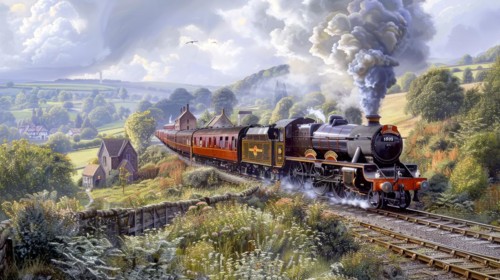 A vintage steam train chugs through the countryside under an overcast sky with smoke billowing, ai