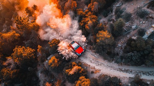 A red car on a dusty trail in the middle of a forest, with smoke or dust rising, action sports