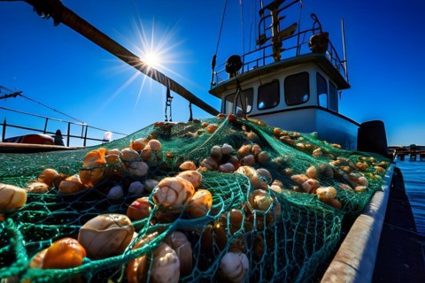 Commercial fishing net cascading onto the dock overflowing with caught shrimp fish and incidentally