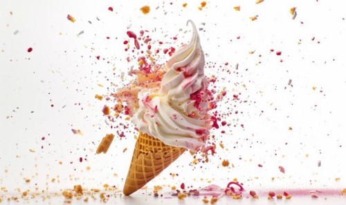 Ice cream cone explosion on white background AI generated