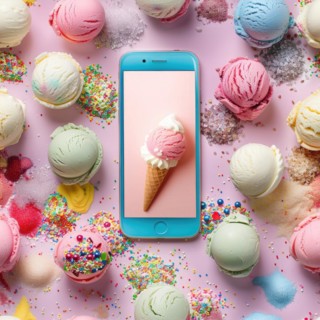 Different Ice cream scoop pattern with pastel hues and scattered toppings in a flat lay composition