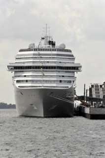 COSTA PACIFICA, Docked cruise ship on the waterfront under dark clouds, Hamburg, Hanseatic City of