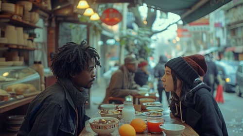 Two friends in cold weather attire having a serious discussion at an urban cafe sit outdoors, AI