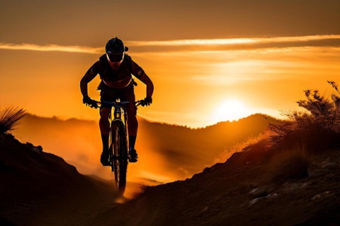Mountain biker silhouette setting sun backdrop trail of dust rugged path, AI generated