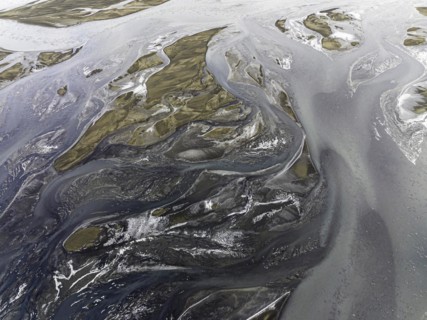 Overgrown river landscape, Eldhraun, near Kirkjubaejarklaustur, drone image, Sudurland, Iceland,