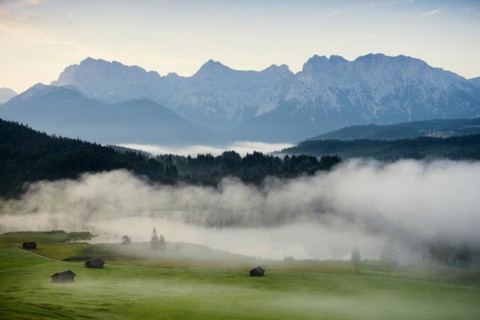 Sunrise and morning fog, Geroldsee or Wagenbruechsee, Kruen near Mittenwald, Werdenfelser Land,