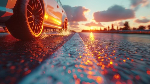 Car driving near a reflective puddle during a picturesque sunset in the city, low ultra wide angle,
