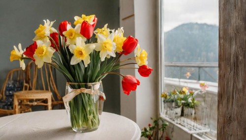 A large bouquet of yellow daffodils and red tulips in a vase stands on the table in the flat, AI