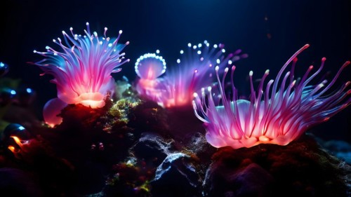 Bristle worms bioluminescent bodies floating in deep ocean, AI generated, deep sea, fish, squid,