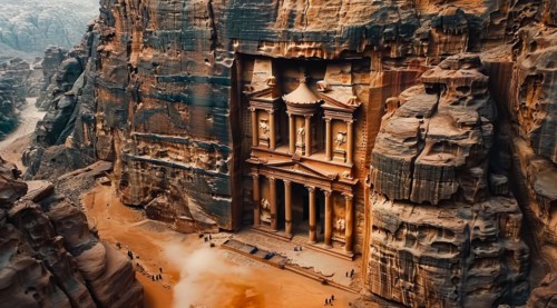 Warm sunlight illuminates the facade of Al-Khazneh in Petra, carved into the rock face, ai