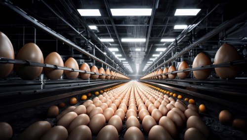 Egg production in a factory, eggs on a conveyor belt, AI generated