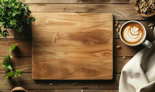 Latte with intricate art on a spacious wooden table, warm and rustic AI generated