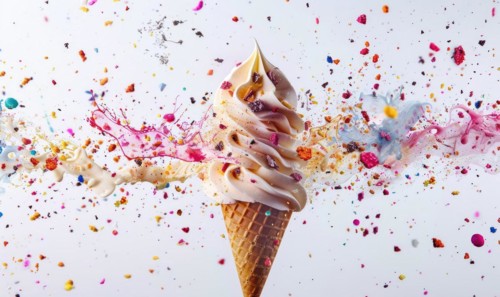 Ice cream cone explosion on white background AI generated