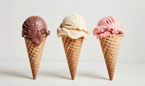 Neapolitan ice cream cones on white background AI generated