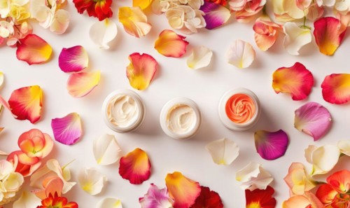 Three creme jar blank mockups nestled amidst delicate flower petals on a white background AI