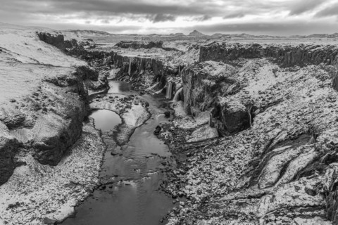 Hrauneyjarfoss waterfalls, onset of winter, black and white photo, Sudurland, Iceland, Europe