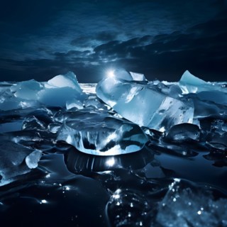 Ice chunks floating in dark oil slicked water showing the impact of oil spills on polar regions, AI