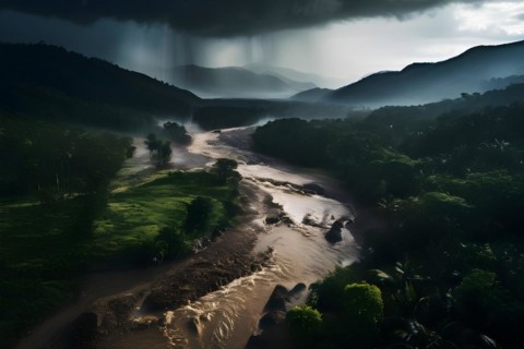 Heavy rainfall pouring on an already saturated ground leading to mudslides captured in a stormy