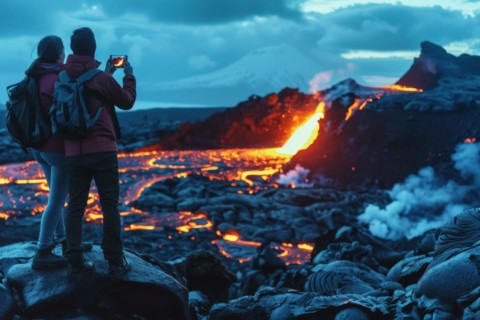 Tourists, onlookers photograph a spectacular volcanic landscape with liquid, partially cooled lava